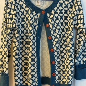 Matilda Jane Teal and Off-White Patterned Girl Cardigan Sweater Size 4
